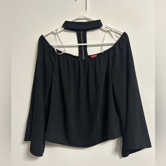 Guess Jet Black Wode Sleeve Choker Blouse - Picture 1 of 3